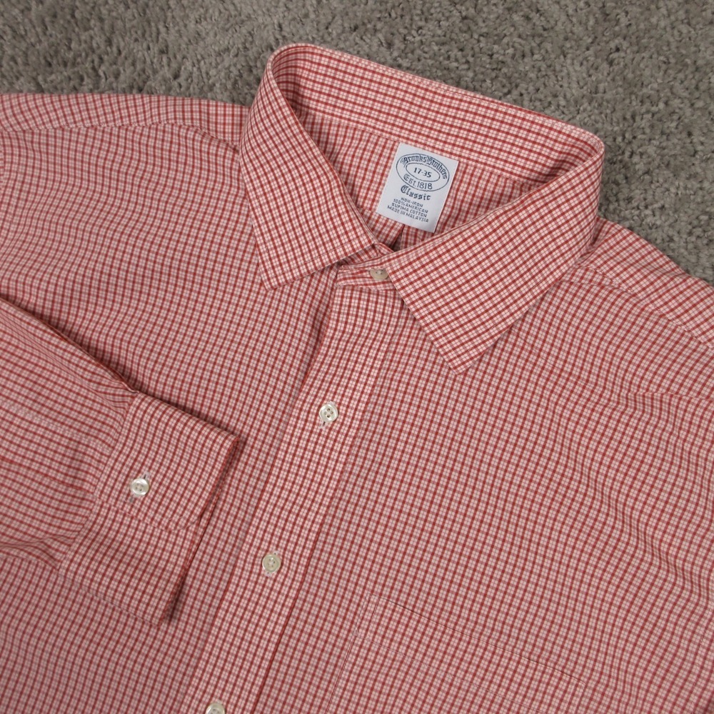 Brooks Brothers Shirt Mens Xl 17 35 Red Plaid Classic Non‎ Iron Dress Button Up